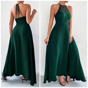 New Embroidered Lace Halter Maxi Dress Dark Green